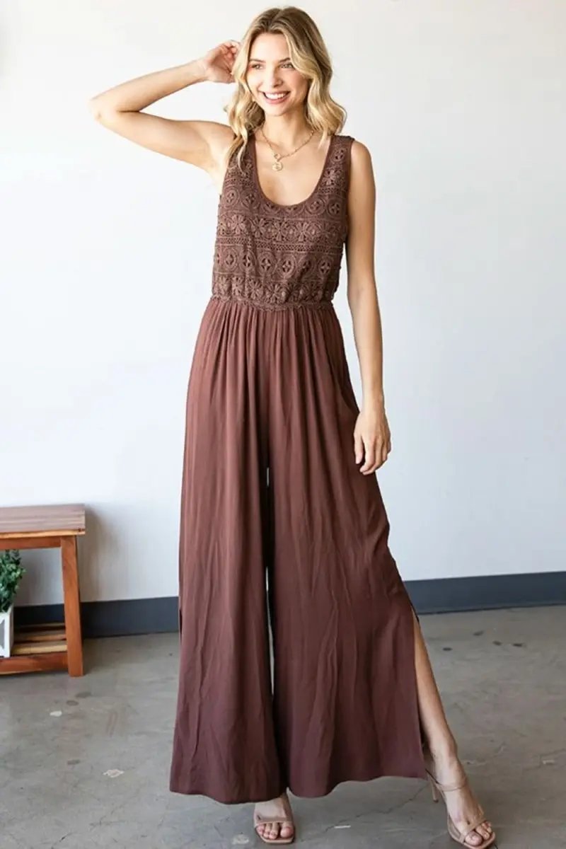 First Love Tie Back Sleeveless Slit Wide Leg Jumpsuit - Love Salve